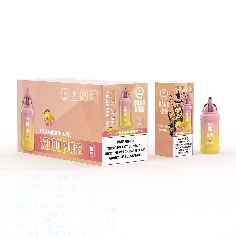 Bang King vape monouso al gusto di pesca, mango e ananas, 12000 tiri, 10 pezzi per scatola, con bobina a maglie. Attenzione: contiene nicotina, una sostanza altamente assuefacente.