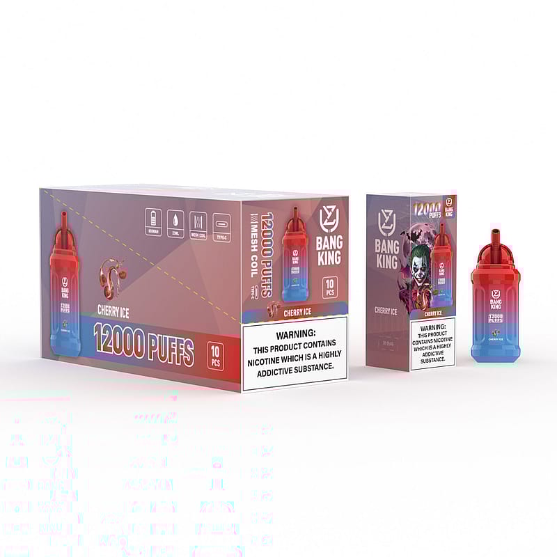Confezione di un prodotto da svapo "Bang King" al gusto "Cherry Ice", su cui è riportata l'etichetta "12000 Puffs" e avvertenze sulla dipendenza dalla nicotina.