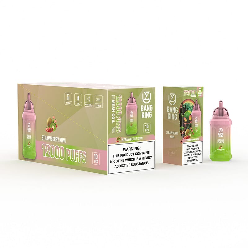 Confezione della sigaretta elettronica usa e getta Bang King al gusto fragola e kiwi da 12.000 boccate, con un'etichetta di avvertenza che la nicotina crea elevata dipendenza.