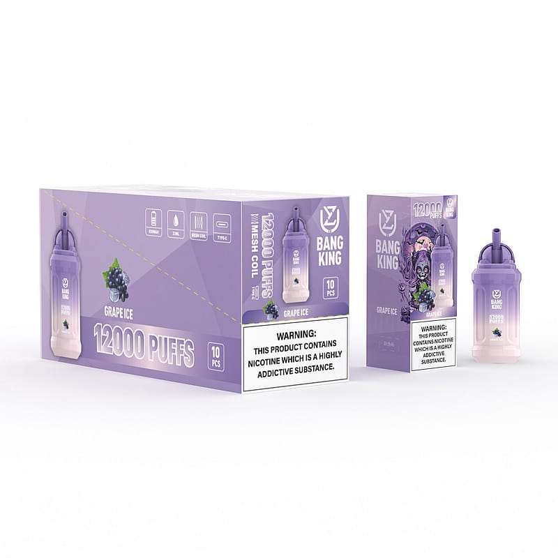 Confezione della sigaretta elettronica usa e getta "Bang King" al gusto di ghiaccio all'uva, raffigurante un dispositivo viola con la scritta "12000 boccate" e un'etichetta di avvertenza sulla nicotina.