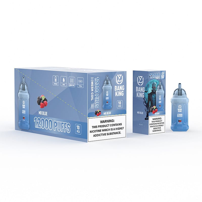 Confezione e immagine del prodotto della sigaretta elettronica usa e getta Bang King, aroma "Mr Blue", con una scatola e un dispositivo etichettati "12000 puff" e un'avvertenza sulla nicotina.