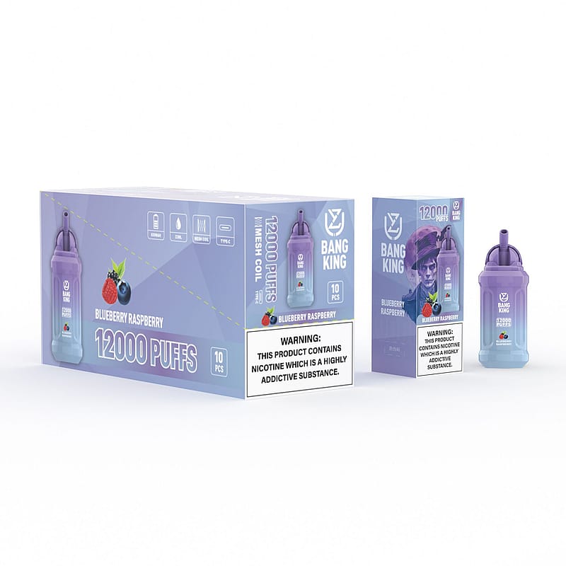 Confezione della sigaretta elettronica usa e getta Bang King al gusto di mirtillo e lampone, con dispositivo viola, testo "12000 puff" e un'etichetta di avvertenza sulla dipendenza da nicotina.