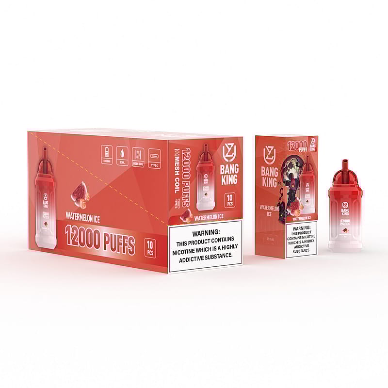 Confezione del vaporizzatore monouso Bang King da 12000 boccate al gusto Watermelon Ice, con dispositivo per svapo rosso ed etichetta di avvertenza che la nicotina crea elevata dipendenza.