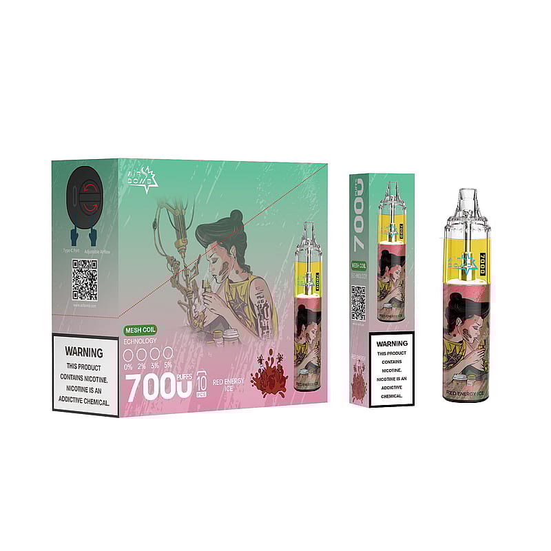 Confezione di un prodotto per svapare con un'illustrazione stilizzata di una persona con tatuaggi, che tiene in mano un dispositivo per fumare. La confezione evidenzia le specifiche del prodotto: 7000 tiri, aroma "Red Energy Ice", tecnologia mesh coil e un avviso di nicotina.