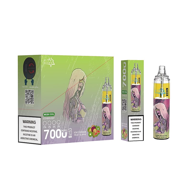 Confezione monouso per sigarette elettroniche raffigurante un personaggio femminile in stile fantascientifico, con la dicitura "7000 boccate" e l'etichetta del gusto "Kiwi Passion Fruit Guava". Sono presenti etichette di avvertenza che indicano il contenuto di nicotina.
