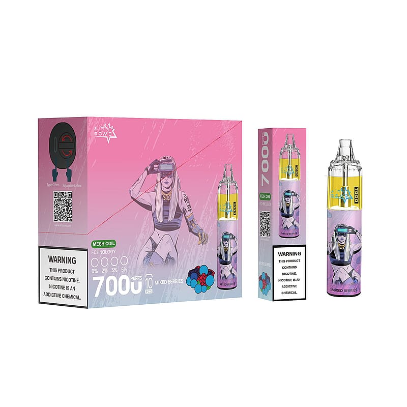 Confezione di un dispositivo per svapare raffigurante un personaggio femminile futuristico che indossa una visiera, con la scritta "7000 puffs" e il sapore "Mixed Berries" sulla scatola.