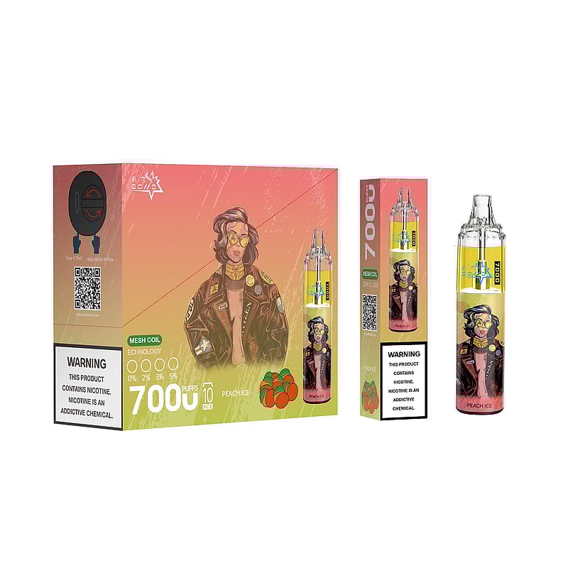Confezione per uno svapo al gusto di "Peach Ice" da 7000 boccate, raffigurante un uomo con giacca di pelle e occhiali da sole gialli.