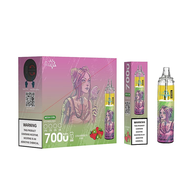 Confezione e dispositivo per svapare usa e getta con un design sfumato rosa e verde raffigurante una donna tatuata che tiene in mano un cono gelato; etichetta con la dicitura "7000 boccate", "fragola kiwi" e avvertenze sulla nicotina.