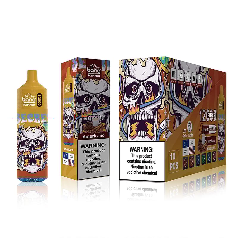 Confezione a tema teschio per il vape monouso "Bang Tornado" con aroma Americano, 12.000 boccate ed etichetta di avvertenza sulla nicotina.