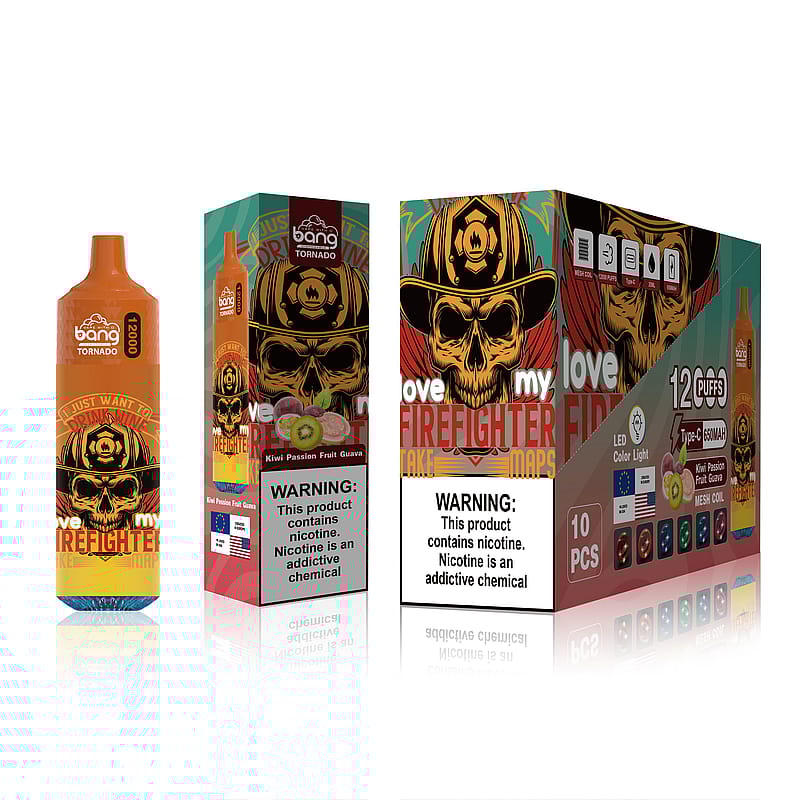 Bang Tornado è una sigaretta monouso al gusto Kiwi Passion Fruit Guava, con 12.000 boccate e un disegno di un pompiere a tema teschio sulla confezione. Include etichette di avvertimento sulla nicotina.