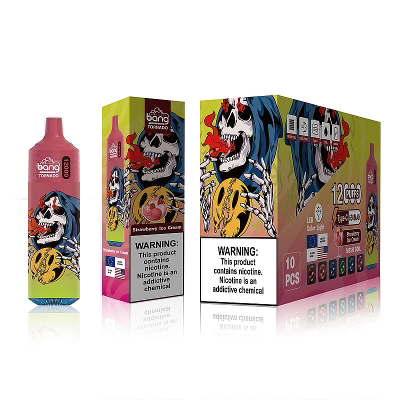 Un dispositivo da svapo e una confezione con il logo "Bang Tornado", con un tristo mietitore che tiene in mano un teschio in fiamme e un testo che avverte della presenza di nicotina.