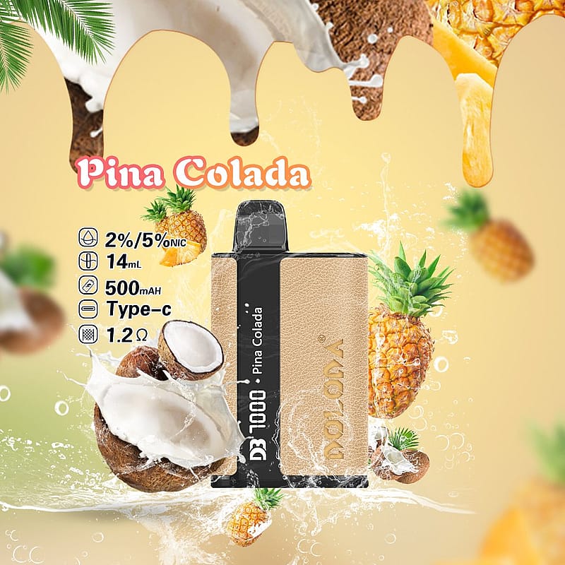 A vape device with a "Pina Colada" flavor, featuring a tan leather-like texture. Text highlights include "2%/5% Nic," "14mL," "500mAh," "Type-C," and "1.2Ω." Surrounding are images of coconuts and pineapples with splashing liquid.