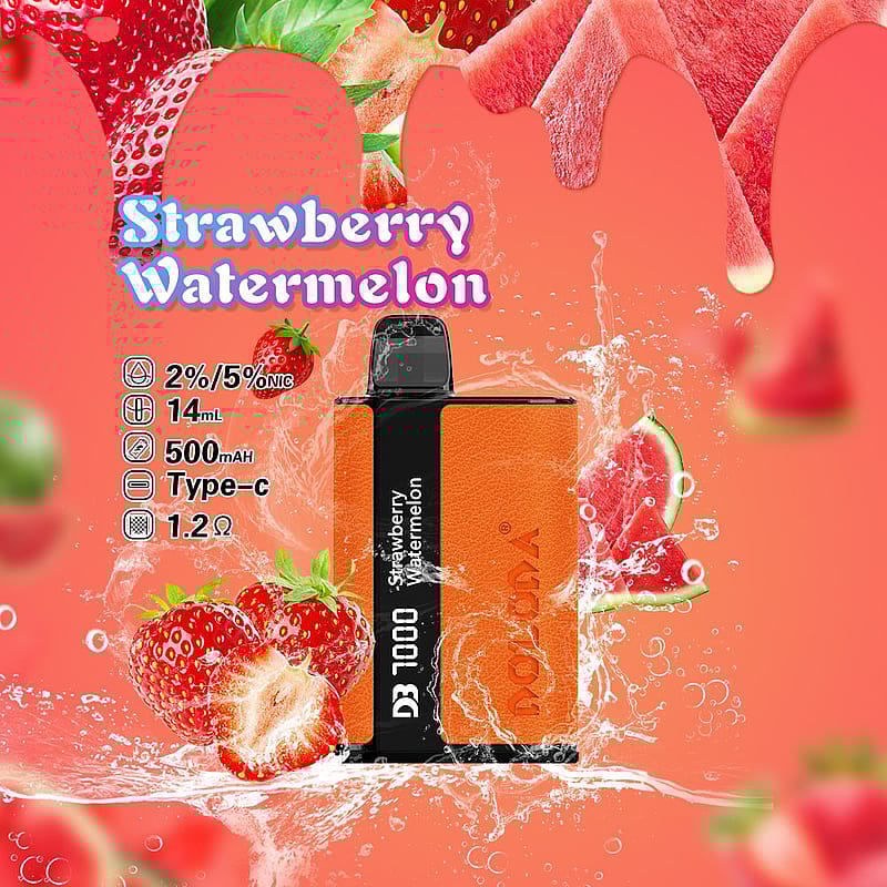 Strawberry Watermelon flavored vape device with 2%/5% nicotine, 14mL capacity, 500mAh battery, Type-C charging, and 1.2Ω resistance.