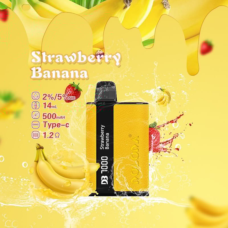 Strawberry Banana vape device with a yellow exterior, 500mAh battery, 14mL e-liquid capacity, Type-C charging, and 1.2Ω resistance.