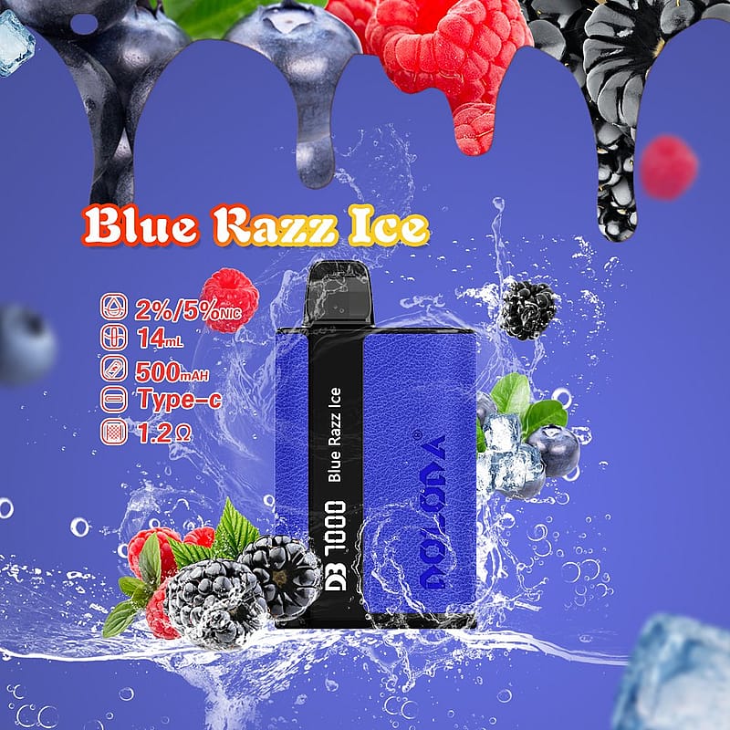 Blue vape device with "Blue Razz Ice" label surrounded by blueberries, raspberries, and blackberries, with ice cubes and water splashes in the background. Text indicates 2%/5% nicotine, 14mL capacity, 500mAh battery, Type-C charging, and 1.2Ω resistance.