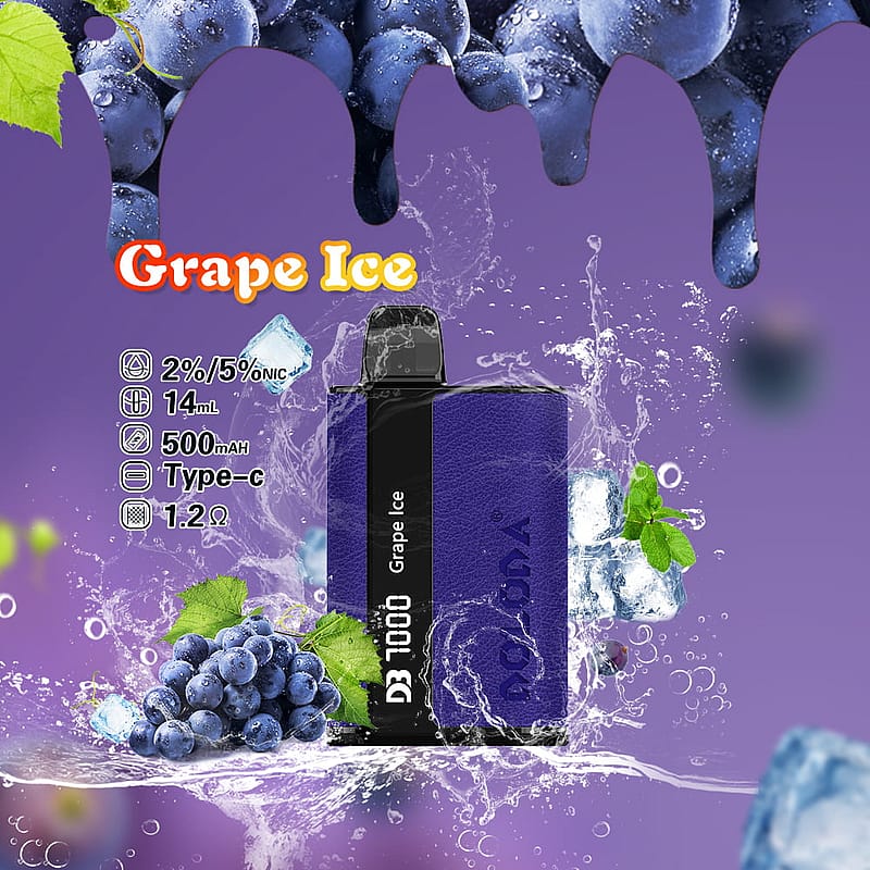 Grape Ice vape device with 14mL capacity, 500mAh battery, Type-C charging, and 1.2Ω resistance. The image shows grapes and ice with a purple background.