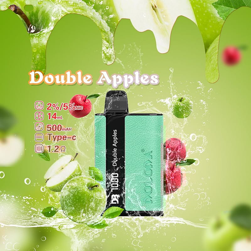 A vape device with the flavor "Double Apples" on a green background with splashing water and apples. The device details are 2%/5% nicotine, 14ml capacity, 500mAh battery, Type-C charging, and 1.2Ω resistance.