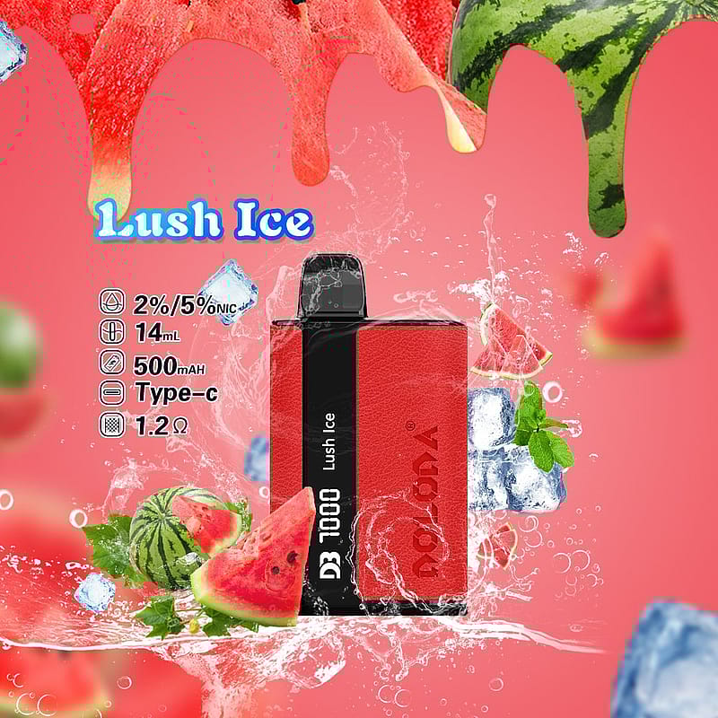 Red vape device with "Lush Ice" branding, featuring watermelon and ice graphics, alongside specifications: 2%/5% nicotine, 14mL, 500mAh battery, Type-C, 1.2Ω.