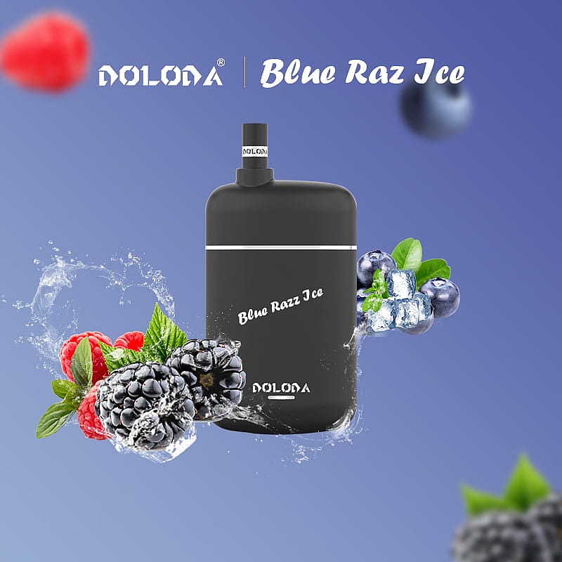 Appareil à vapotage Doloda Blue Raz Ice avec des images de myrtilles, de mûres, de framboises et de glaçons sur fond bleu.