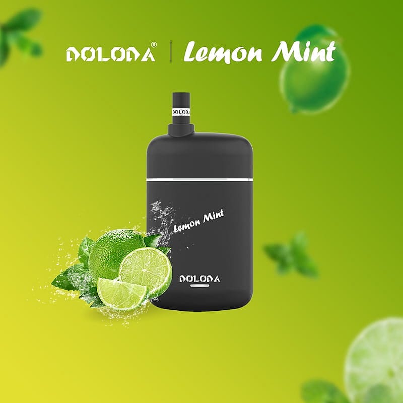 Appareil à vapotage noir et vert étiqueté « Lemon Mint » avec des feuilles de citron vert et de menthe sur un fond dégradé vert.