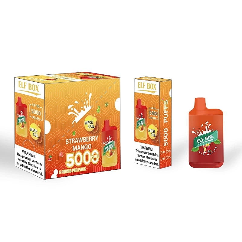 Elf Box packaging featuring Strawberry Mango flavor with 5000 puffs, including warnings about nicotine content.