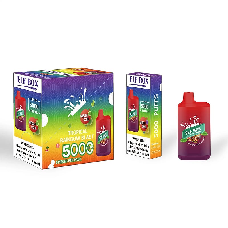 Elf Box disposable vape packaging and device in a tropical rainbow theme, advertising 5000 puffs and nicotine content with a warning label.