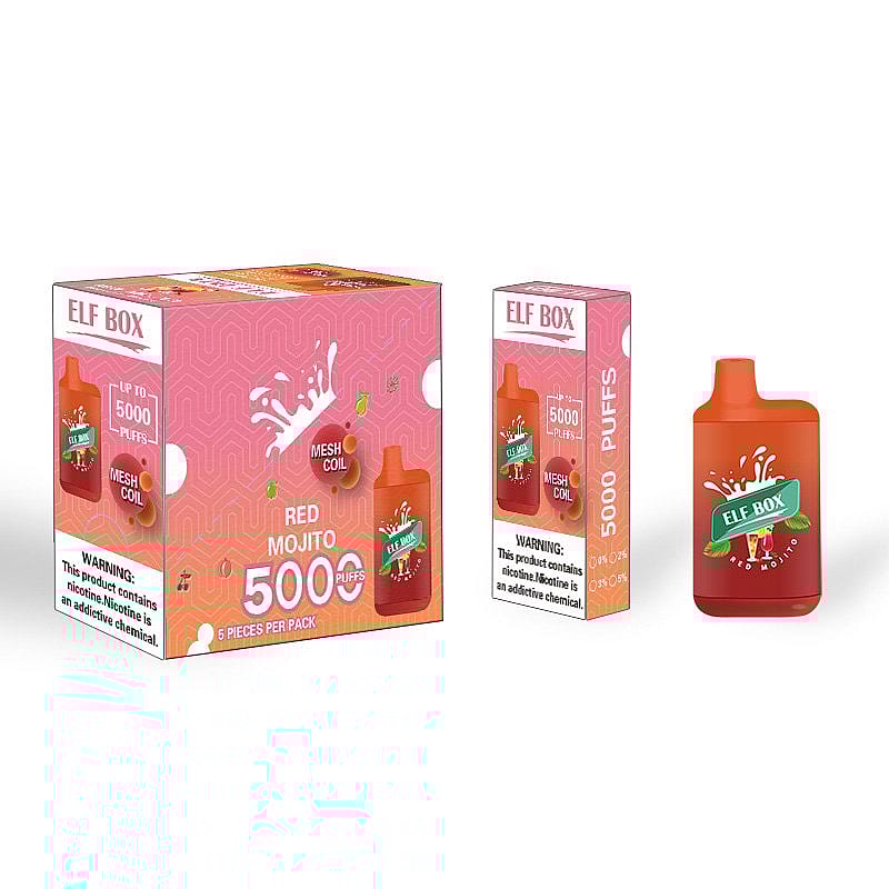 Elf Box disposable vape packaging and device in red, labeled "Red Mojito" with 5000 puffs, 5 pieces per pack, and nicotine warning text.