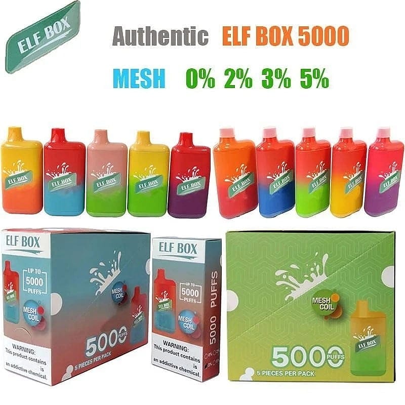 Colorful ELF BOX 5000 disposable vape devices arranged in a row, with packaging boxes displaying "5000 puffs" and nicotine percentages of 0%, 2%, 3%, and 5%.