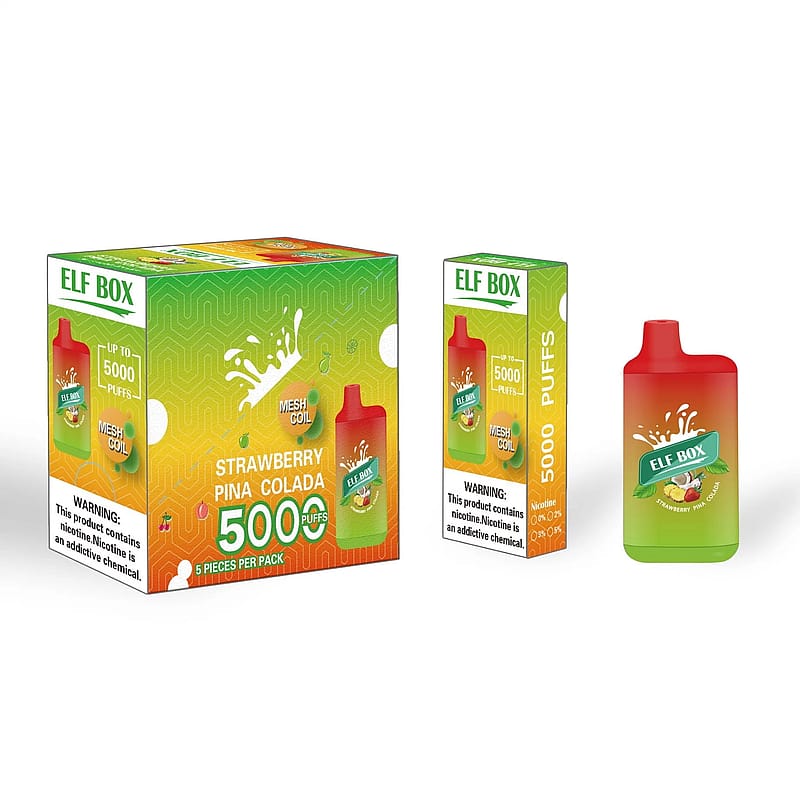 Packaging and a vape device labeled "ELF BOX" with "Strawberry Pina Colada" flavor, advertising 5000 puffs. The packaging includes a nicotine warning.