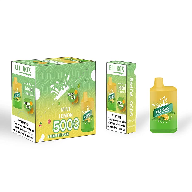 Mint lemon-flavored disposable vape box and vape device with "5000 puffs" label and nicotine warning.