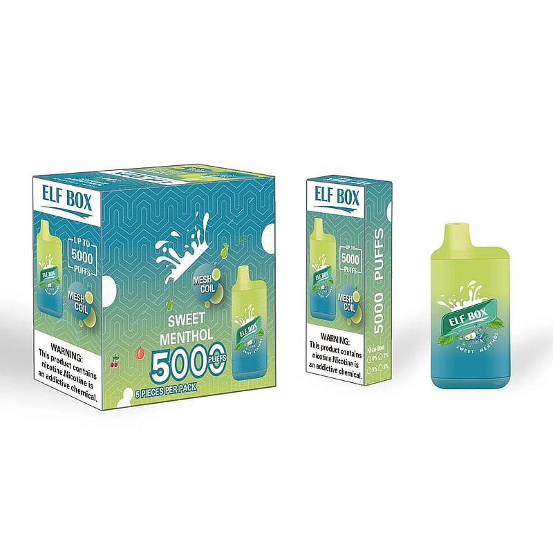 "Elf Box Sweet Menthol disposable vape packaging showing a 5000 puffs capacity with mesh coil, featuring a green and blue vape device alongside health warnings about nicotine."
