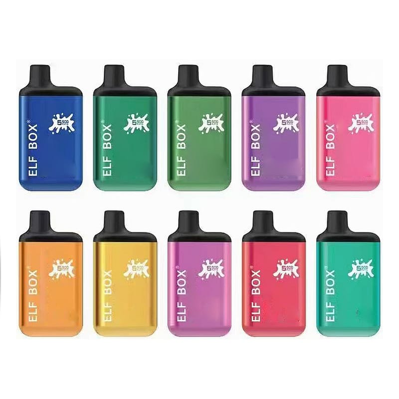 Colorful vape devices labeled "ELF BOX" with black mouthpieces, arranged in a grid pattern.