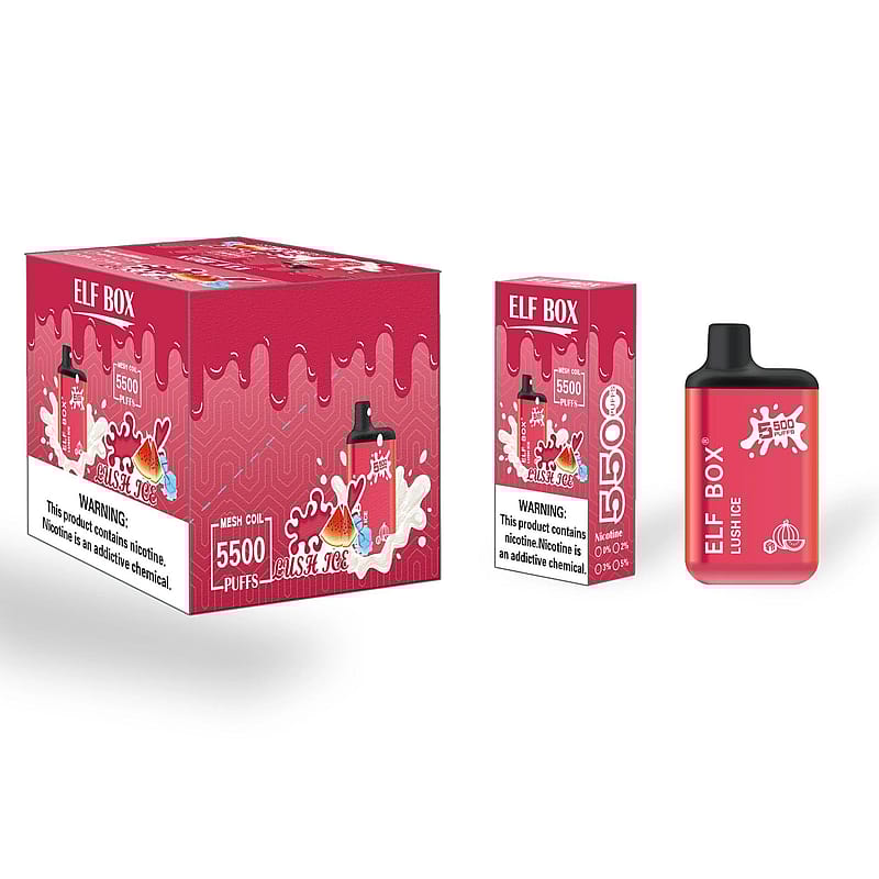 Elf Box disposable vape in Lush Ice flavor with 5500 puffs, featuring a red and pink design with watermelon and ice illustrations, alongside health warnings about nicotine.