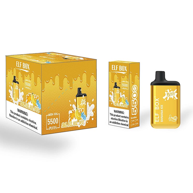 Elf Box Banana Ice vape packaging, displaying the product's design with yellow color, "5500 puffs" text, and nicotine warning label.