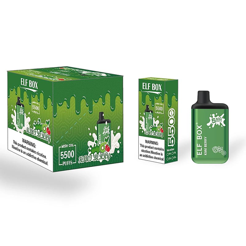 Elf Box Kiwi Berry vape packaging featuring a green box and a smaller green bottle, labeled "5500 Puffs" with a warning about nicotine addiction.