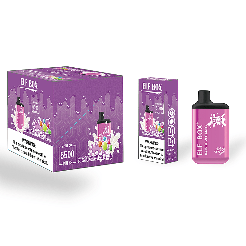 Packaging for an "ELF BOX Rainbow Candy" vape product, featuring a purple box and device with colorful candy imagery and text indicating 5500 puffs and nicotine content.