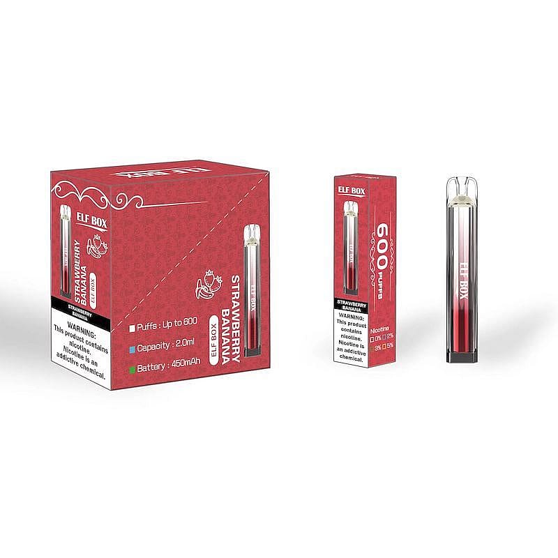 Packaging and a disposable vape pen labeled "Elf Box Strawberry Banana," with details indicating 600 puffs, 2.0 ml capacity, and a 450mAh battery.