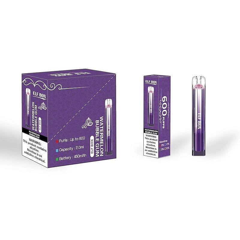 Purple ELF BOX Watermelon Bubble Gum disposable vape packaging with product details including 600 puffs, 2.0ml capacity, and 450mAh battery.