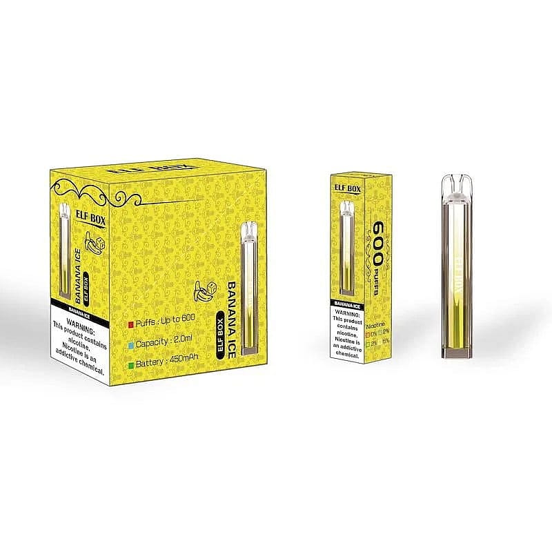 Yellow packaging and a disposable vape pen with "Banana Ice" flavor, labeled as "Elf Box," offering up to 600 puffs, 2.0ml capacity, and 450mAh battery.