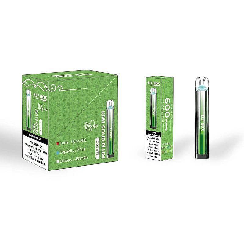A green box and disposable vape device labeled "Kiwi Sour Plum" from Elf Box, featuring up to 600 puffs, 2.0ml capacity, and 450mAh battery.