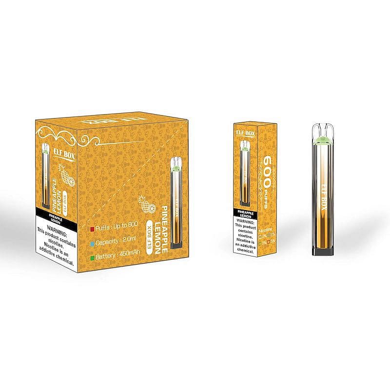 Packaging and a disposable vape device with "Pineapple Lemon" flavor from Elf Box, featuring details like 600 puffs, 2ml capacity, and 450mAh battery.