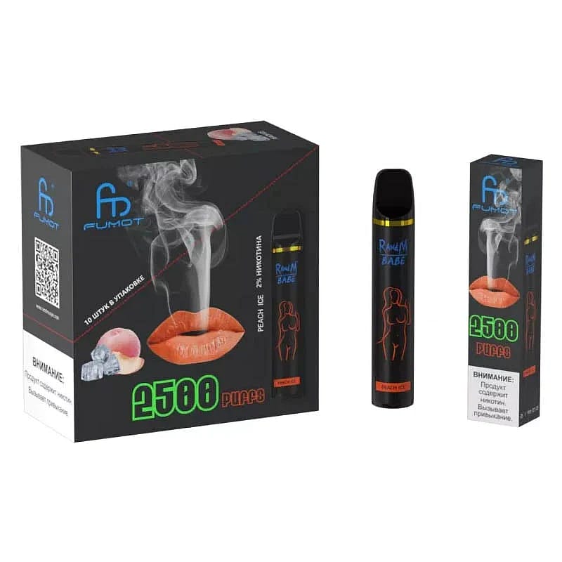 Box and individual packaging of a disposable vape labeled "Fumot" with "2500 puffs," "Peach Ice" flavor, and an illustration of lips exhaling vapor.