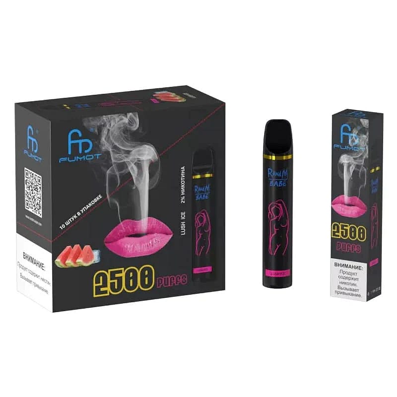 Packaging and a vape device labeled "Fumot" with "2500 puffs" and a "Lush Ice" flavor, featuring pink lips and a smoke design.