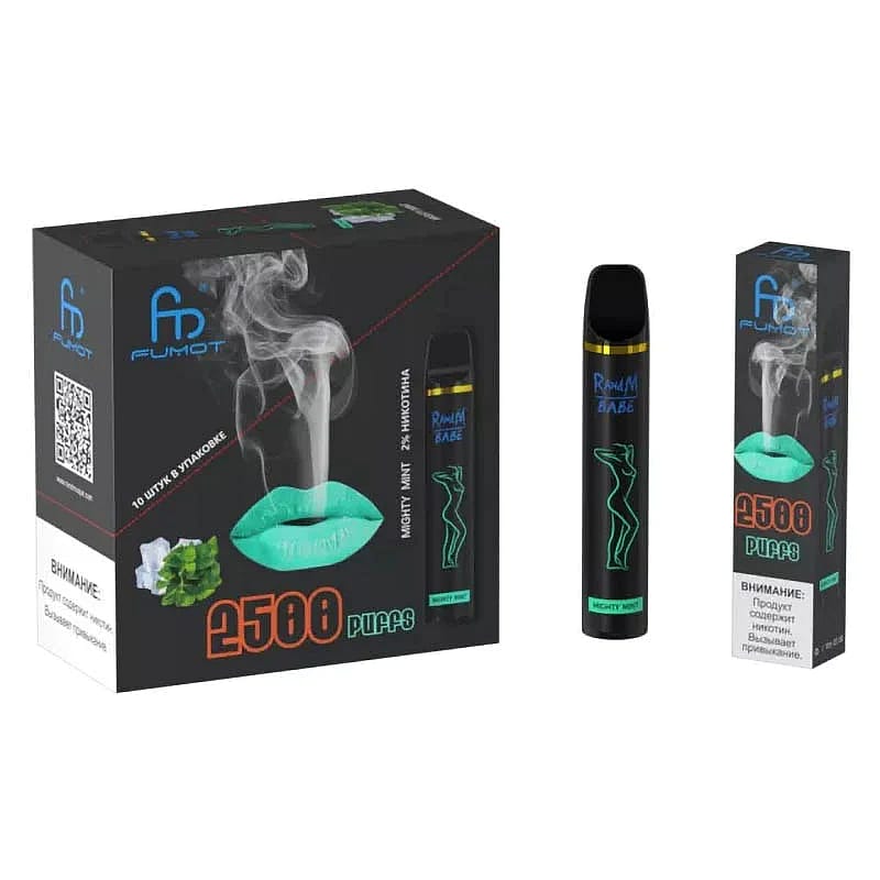Disposable vape pen packaging with "Fumot" branding, 2500 puffs label, and mint flavor graphics.
