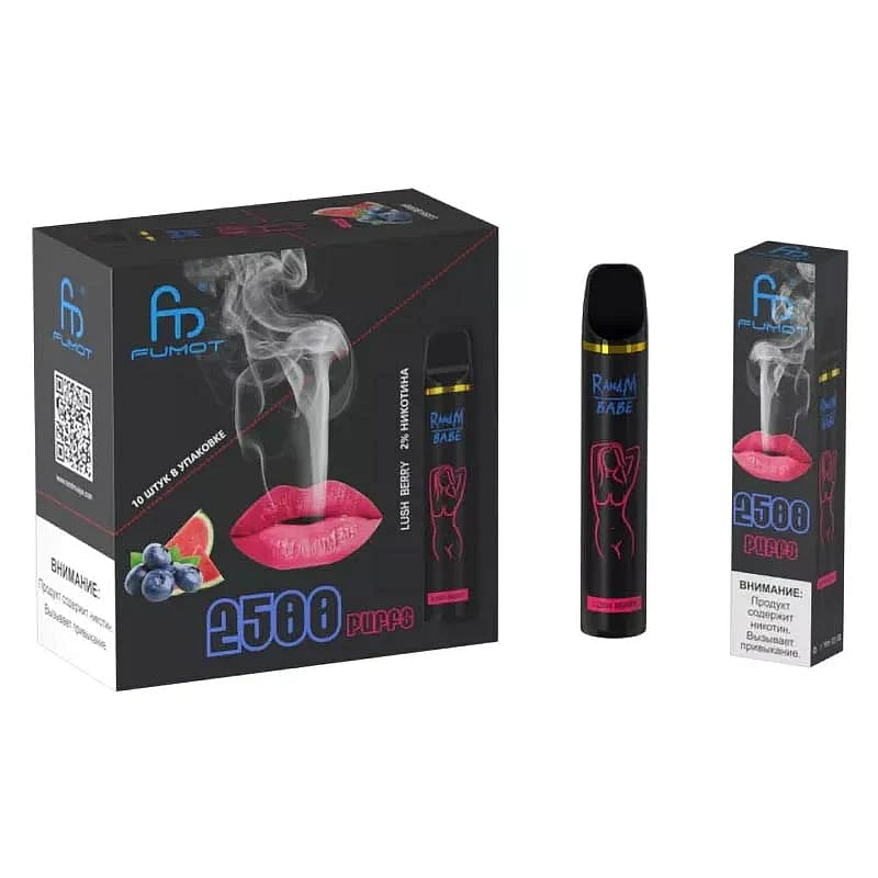 Packaging of a disposable vape device with 2500 puffs, featuring a design with pink lips and fruit illustrations.