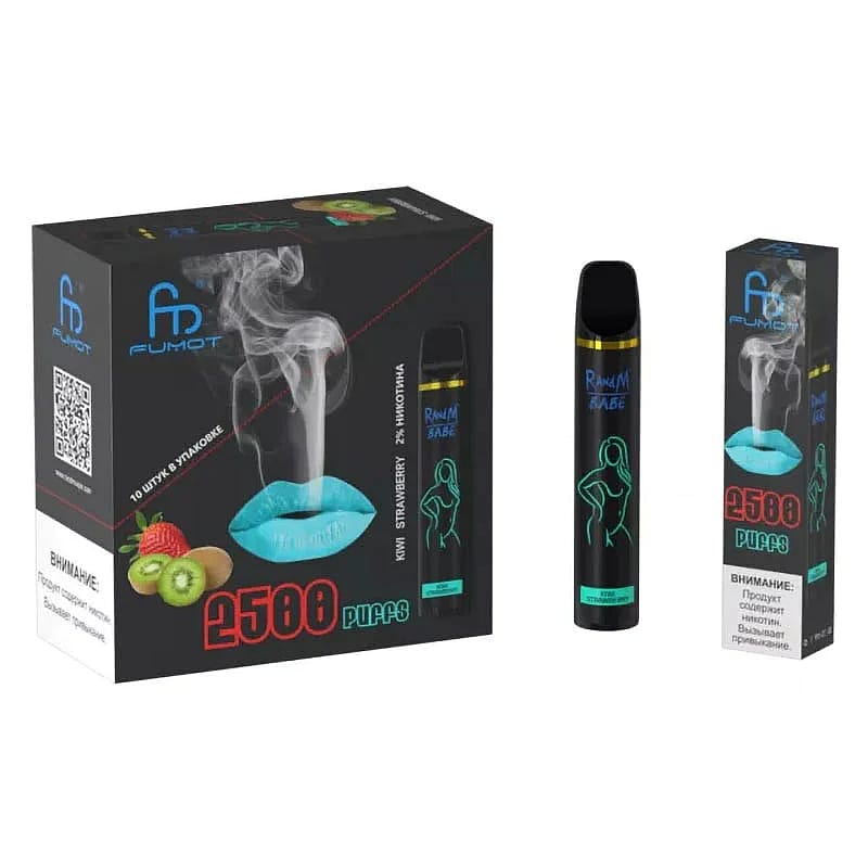 Box and disposable vape device labeled "FUMOT 2500 Puffs Kiwi Strawberry," with an image of blue lips emitting smoke and kiwi and strawberry fruits.