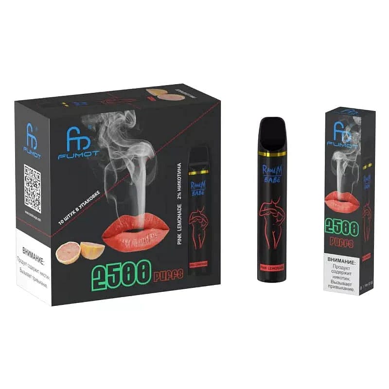 Packaging of a Fumot vape product with the text "2500 puffs" and "Pink Lemonade" on it, featuring an image of red lips emitting smoke.
