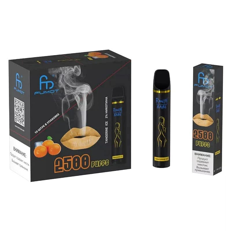 Packaging and a vape device displaying the brand "FUMOT," with the flavor "Tangerine Ice," labeled "2500 puffs" and "2% nicotine." The box also features an image of lips exhaling smoke.