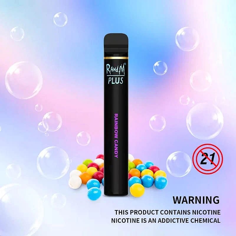 Bolígrafo vaporizador desechable negro con la etiqueta "RandM PLUS Rainbow Candy" sobre un fondo colorido con burbujas flotantes y caramelos. Una advertencia en la parte inferior dice: "Este producto contiene nicotina. La nicotina es una sustancia química adictiva".