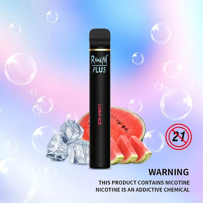 Un vaporizador negro con la etiqueta "RandM Plus Lush Ice" con rodajas de sandía, cubitos de hielo y una advertencia de nicotina sobre un fondo pastel con burbujas flotantes.